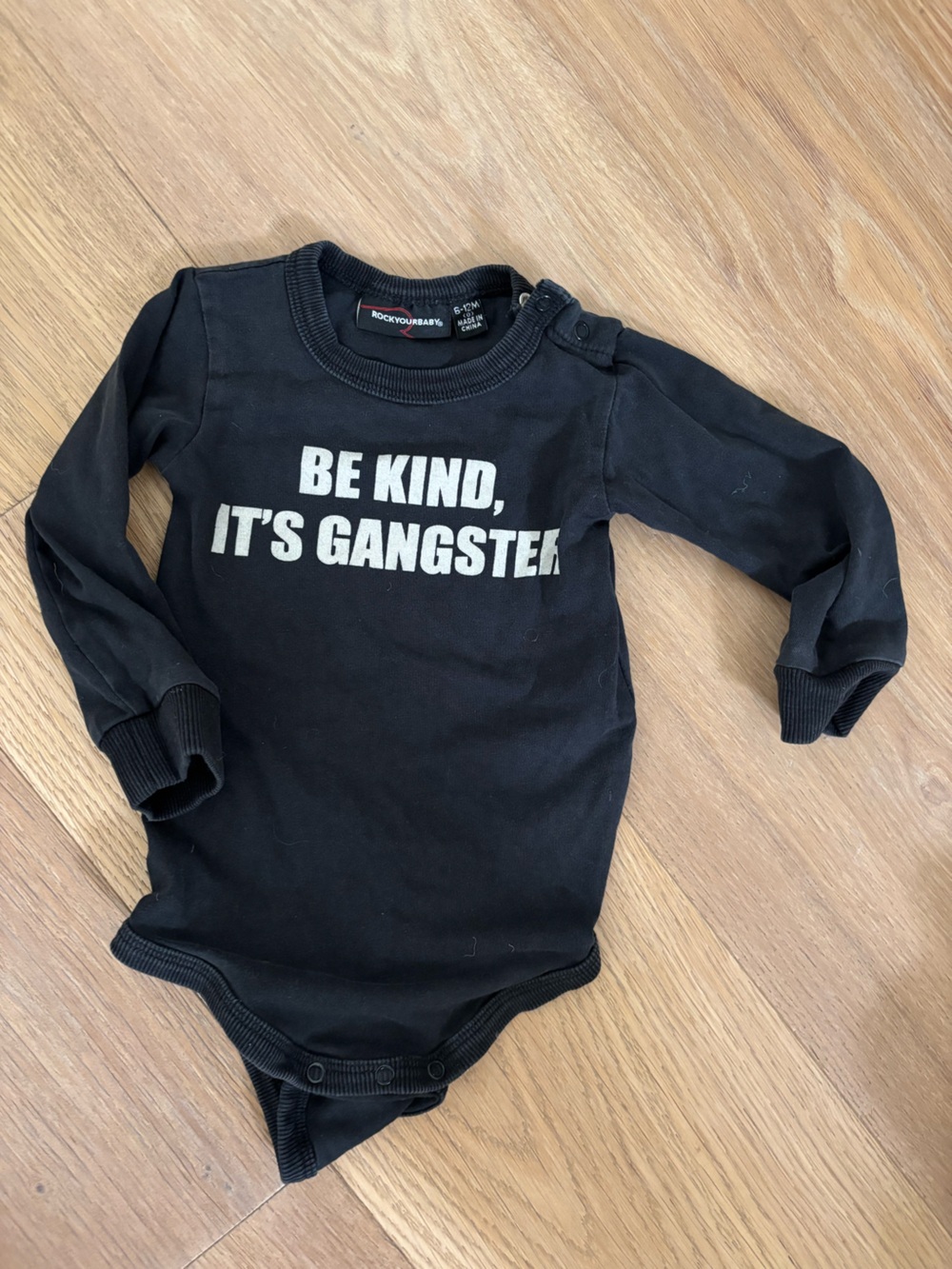 RockYourBaby Longsleeve Black Be Kind It's Gangster Onesie Size 6-12M